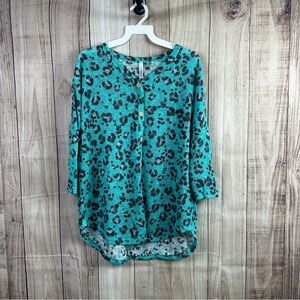 Watermelon Leopard Print Teal Button-Up Women's Top